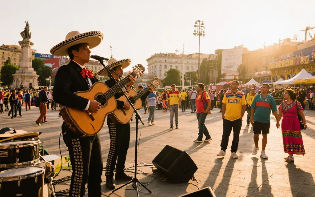 街头玛丽亚奇与球迷在比赛日前的城市氛围