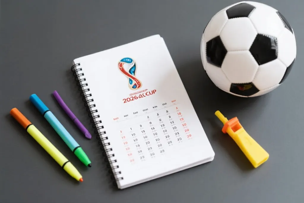 2026年世界杯赛程表手账本，旁边放着足球、哨子和彩色马克笔，现代简约风格，俯视角度